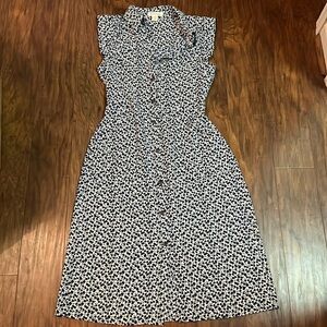 Navy And White Print Dress With Cap Sleeves And Pockets